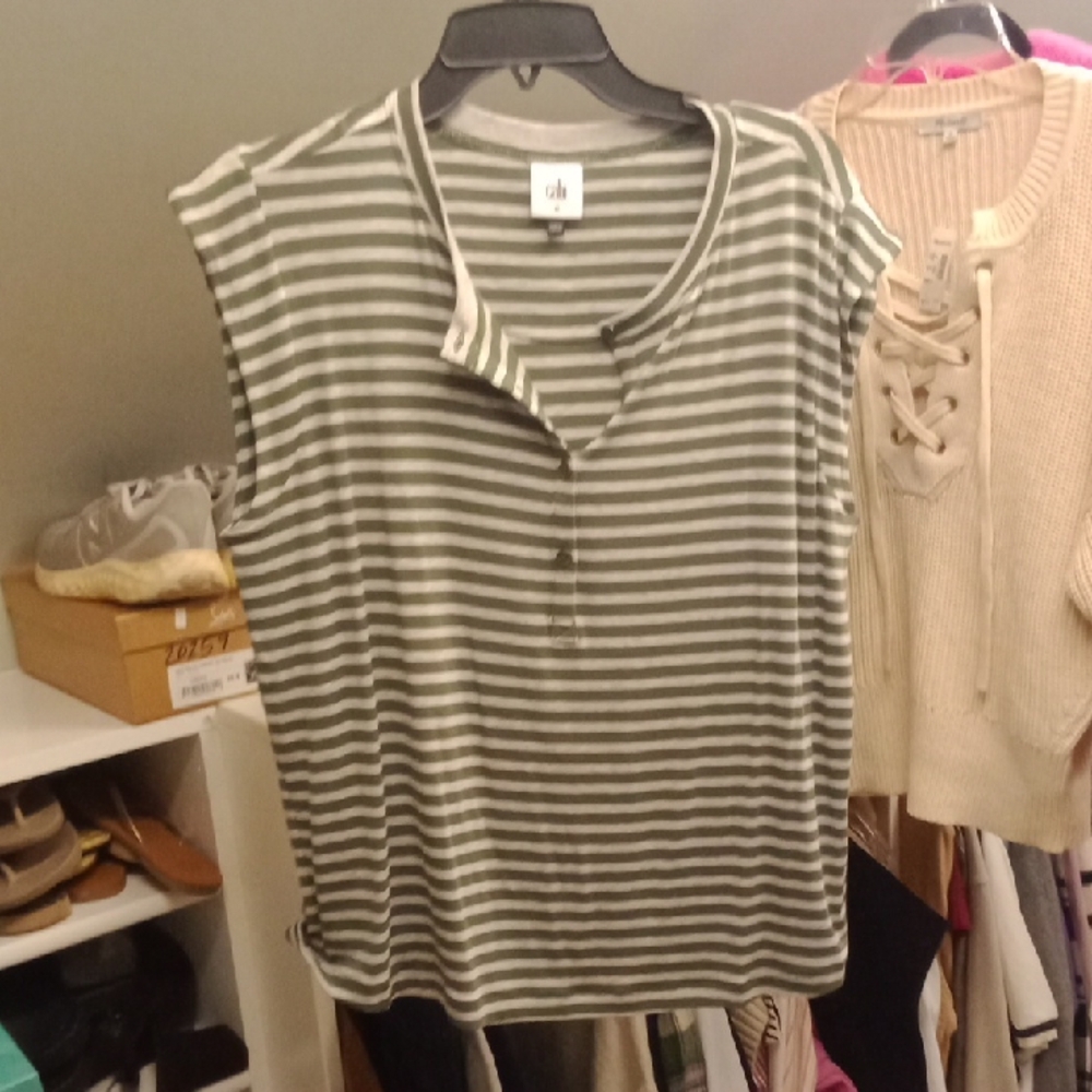 CAbi Olive & White Striped Sleeveless Henley Tank